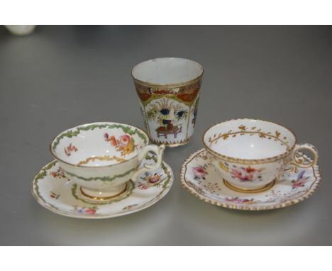 A late 18thc Chamberlain Worcester beaker no.75 with Chinese style decorated panels with kylin, vase, flowers etc. (restorati
