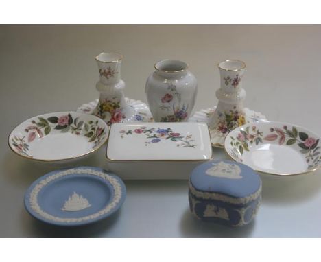 A pair of Hammersley china floral decorated miniature candlesticks (h.10cm), a Wedgwood china rectangular cigarette box (3cm 