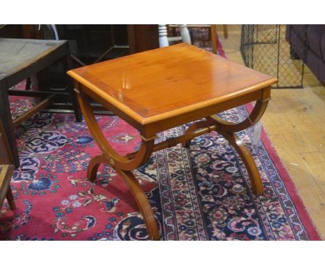 A yew wood lamp table, the square top with crossbanded and ebony strung border, raised on X frame end support (h.50cm x 59cm 