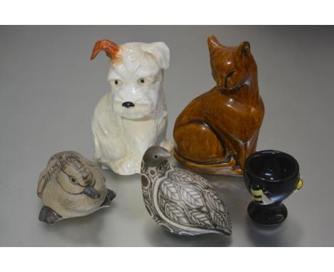 A Beswick terrier pottery figure with brown ear (h.15cm), a pottery  moulded cat figure, a Poole pottery ducking, a bee mount