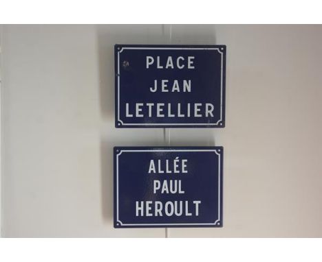 Two French blue and white enamel street signs, Place Jean Letellier and Allee Paul Heroult (2)