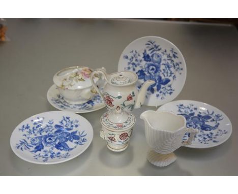 A mixed lot comprising a set of four Royal Worcester Rhapsody pattern blue transfer printed saucers (d.17cm), a 19thc Villero