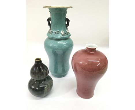 Three Chinese monochrome vases, comprising a peach bloom Meiping, 17cm, a drip glaze double gourd, 13cm and a turquoise glaze