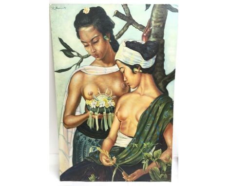 An oil on board after R Bennett depicting two scantily clad female figures. Measures approx 89.5cm x 60cm.