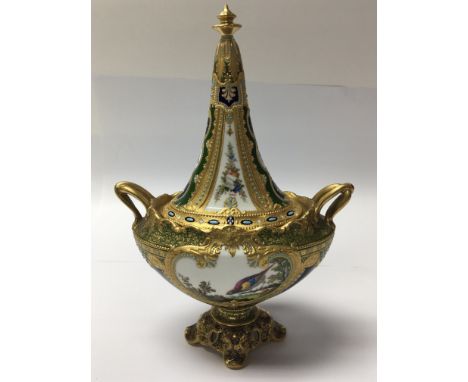 A Quality Royal Crown Derby Porcelain display vase with a high tapering cover with detailed quality gilding with applied turq