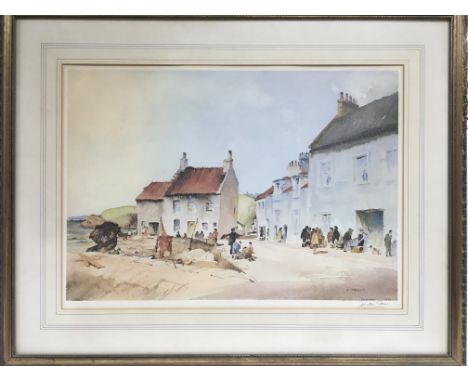 A framed print of the Scottish coastal town Pittenweem by A W Brown, signed by the artist. Frame measures approx 74cm x 59cm.