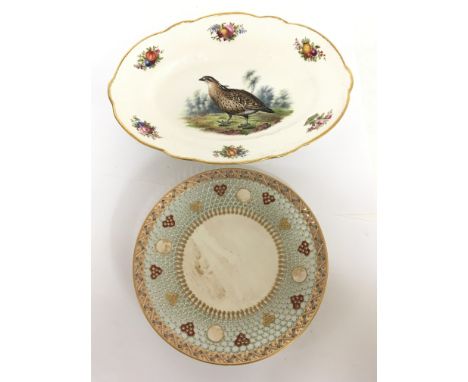 A Worcester Reticulated dish by George Owen diameter 20cm  and a hand painted porcelain dish Painted Grouse, no damage (2)