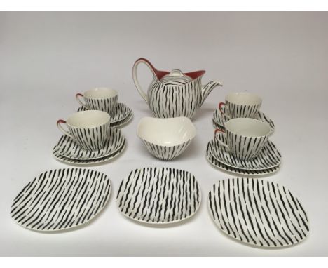 A Midwinter 'Zambesi' pattern teaset, comprising four trios, teapot,  sugar bowl and odd plates.