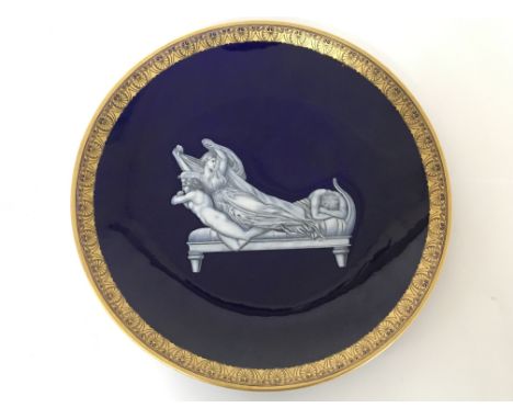 A Quality 19th Century Worcester dish cirica 1862-75 by Thomas Bolt, dipicting a Neo classical scene on a deep blue glazed gr