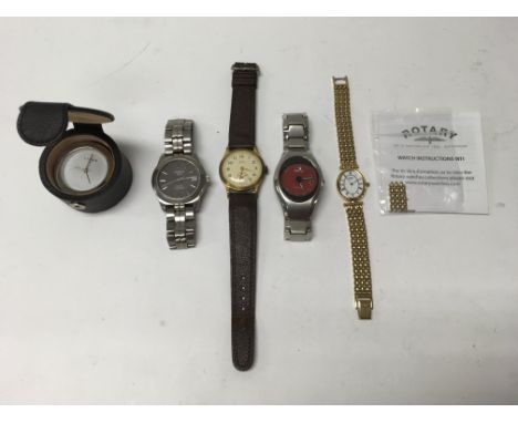 A group of four dress watches including Tissot, Rotary and Ferrari and a Links of London desk watch.