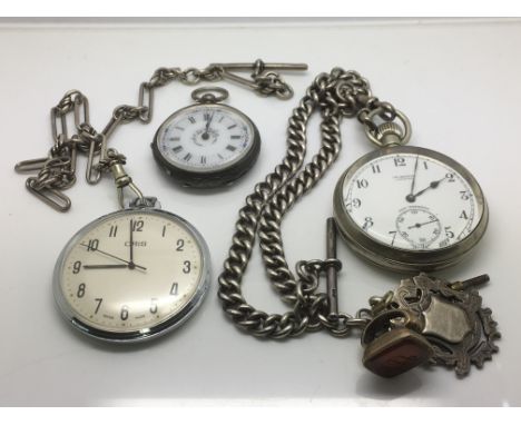 Three button wind watches, one with attached chain and fobs.