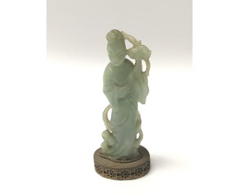 A  Carved green jade Chinese figure of a goddess on a gilt metal base height 12.5cm
