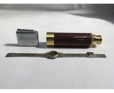 A Group of items to include a brass effect monocular, a ladies Pulsar quartz wristwatch and a Colibri lighter.