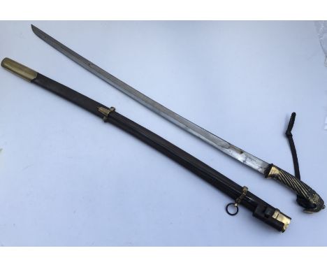 A large Russian Cossack sword with scabbard and additional bayonet attachment to scabbard. Sword blade length approx 75cm, to