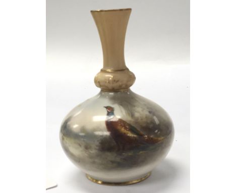 A Royal Worcester vase hand painted with a study of a cock pheasant. Signed by Stinton. No damage. Height 13cm.