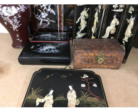 A collection of Chinese mother of pearl items including plaques boxes and a single vase