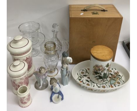 A small group of Nao and Lladro figures, glassware, portmeirion and a Fortum and Mason wine box