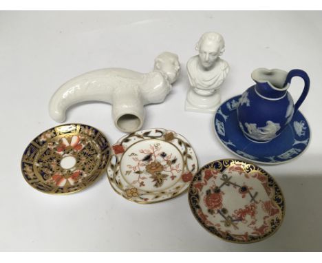 A Quality 19th Century Porcelain walking stick handle a miniature 19th century porcelain bust miniature derby dishes and mini