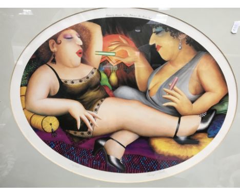 A Limited edition Beryl Cook print depicting two ladies lounging on a cushioned sofa. In an oval. Limited edition and signed 