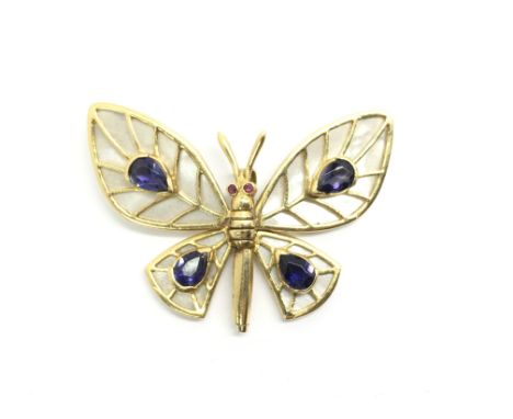 An articulated 18ct gold mother of pearl, tanzanite and ruby butterfly pendant by Simon Tilly of Ebony Jewellers, Chichester.