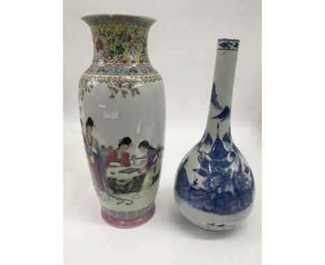 A Chinese blue and white bottle vase painted with a landscape plus a Republic style vase depicting ladies at leisure.Approx. 