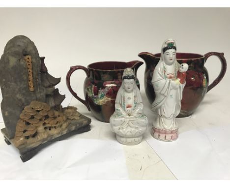 Two lustre Art Deco style jugs a soap stone carving and two Chinese figures - NO RESERVE