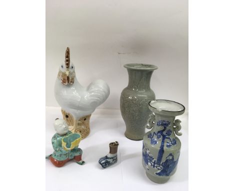 Another group of Chinese ceramics including a  celadon vase and a large model of a cockerel.All a/f