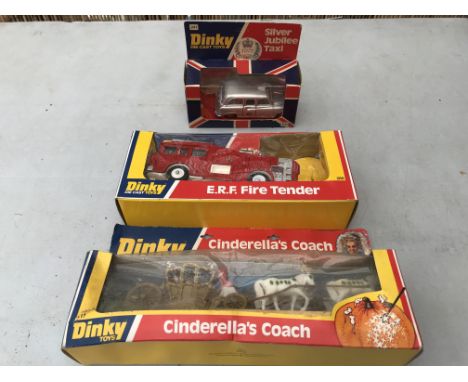 Dinky toys boxed diecast vehicles including ERF fire tender, Cinderella's coach, and a silver jubilee taxi - NO RESERVE