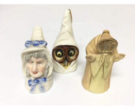 Three Royal Worcester candle sniffers in the form of an owl and two old grannies. No damage each with Worcester marks. (3)