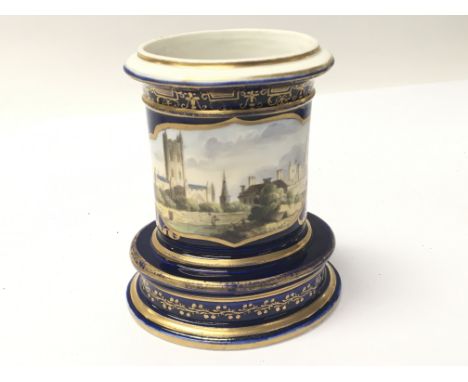 A fine Quality hand painted 19th Century Spode porcelain vase with a named view of Gloucester Cathedral. On a blue ground wit