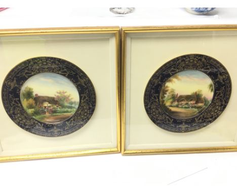 A pair of Quality Royal Worcester hand painted porcelain plates each depicting country cottages with figures. Indistinctly si