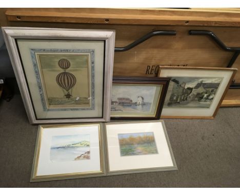 Five watercolour paintings and two prints including a hot air balloon print