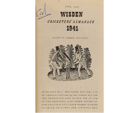 WISDEN Cricketers' Almanack: 1941 Original Hardback, first edition. Covers slightly rubbed, Very Good+ copy. (One of only 800