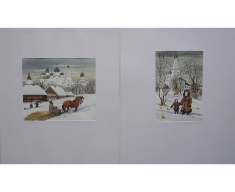 russische/r Künstler/in, 2 Winterszenen, 2003, Aquarell/Papier u.r. monogrammiert, darunter kyrillisch betitelt und datiert, 