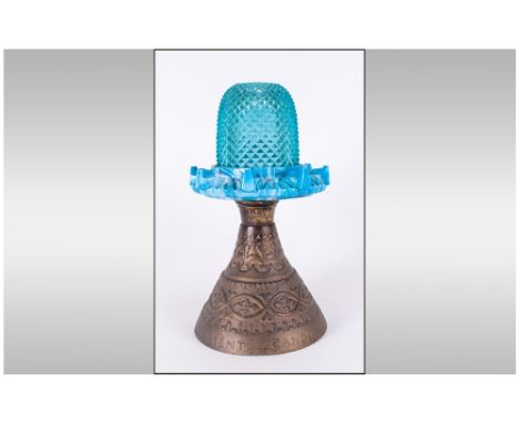 Victorian Slag Glass Candle Night Light Holder with a pressed glass diamond pattern shade On an original iron base. Price's P