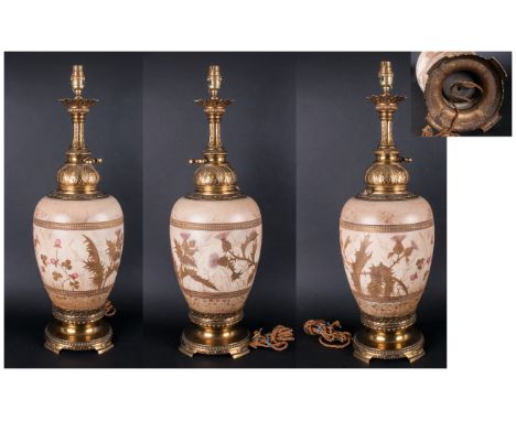 A Very Fine French Ceramic & Brass 19th Century Oil Lamp Converted to electric. Stands 26" in height.