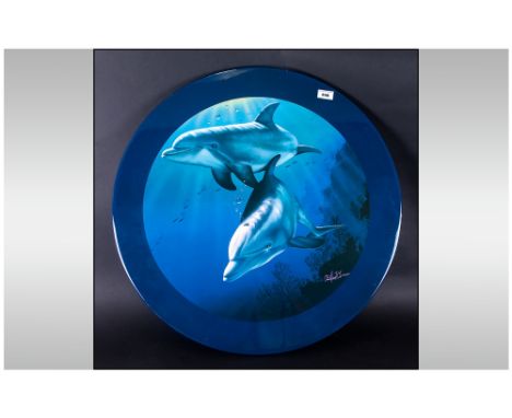 Christian R Jassen Signed Coloured Print On A Wooden Panel Of Two Dolphins Swimming In Turquoise Sea in a lacquered glass fin