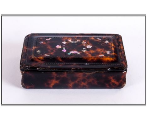 Georgian Paper Mache Lidded Snuff Box, Inlaid with Mother of Pearl to Cover. 3 Inches Wide & 1.5 Inches Depth. 