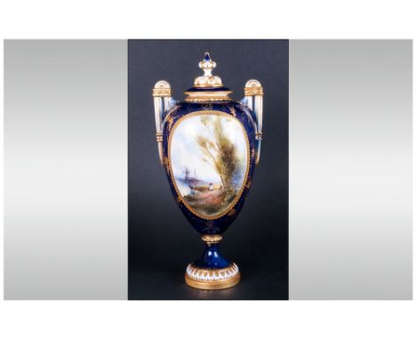 Royal Worcester Handpainted Twin Handle Lidded Vase, Very Fine Painting Of a Dutch Landscape To Centre Panel, Unsigned. Circa