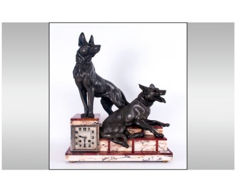Large and Impressive French Art Deco Mantle Clock, Depicting Two German Shepherd Dogs In Majestic Poses, on a Stepped Marble 