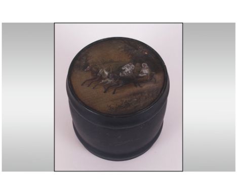 Russian Fedoskino Lacquered And Painted Box Looks To Be From The Vishnyakov Workshop, Keg Shaped, The Cover Depicting Summer 