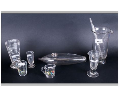 Six Antique Glass Measuring Glasses And Feeder, Glass Thermometer etc. (8 pieces)