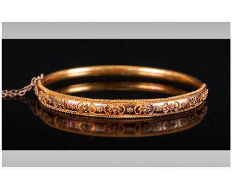 Early Victorian - Fine 15ct Gold Hinged Bangle with Very Fine Raised Decoration and Rope Boarder. Marked 15ct. Pristine Condi