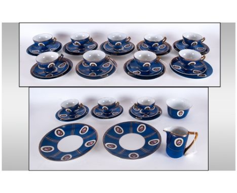 Czechoslovia - Epiag Very Fine Vintage and Hand Finished China / Porcelain 40 Piece Tea Service, Floral Panels with Cobalt Bl