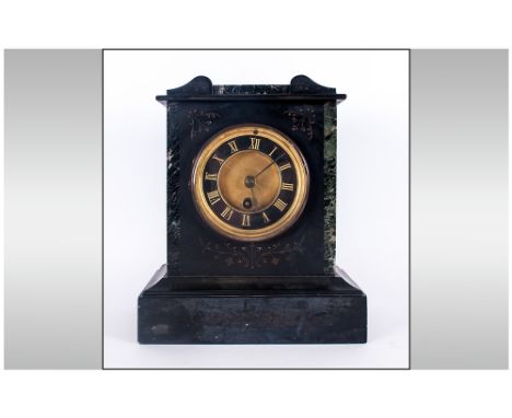 French Late 19th Century Black Marble Mantel Clock, 8 Day Movement. No Key, 10 Inches High & 8 Inches Wide. 