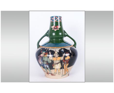 Wileman & Co Intarsio - Foley Twin Handle Vase of Bulbous form. c.1900. Decorated on Two Sides with Titled Scenes from ' Much