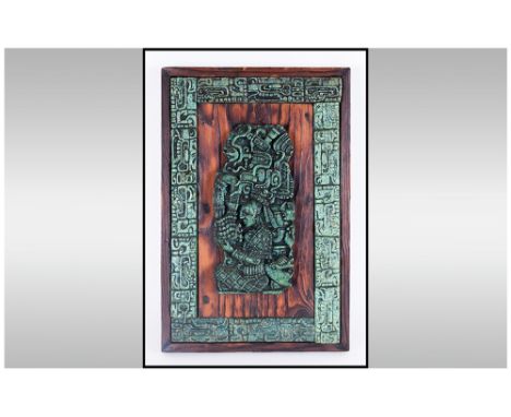 Aztec Ceramic Wall Tile In A Green Glaze Depicting mythological figures and animal, on a wood wall plaque. 10x15"