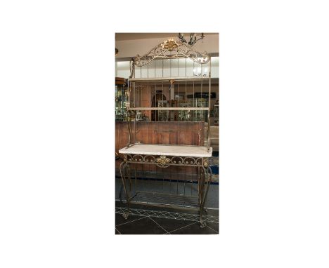 A Contemporary Bakers Style Wrought Iron Console Table. With a shaped top and two shelves supported by a rough hewn top.