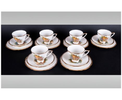 English Bone China By Pat O'Kane 18 Piece Tea Service decorated images of Somerset Cottage with gold painted borders. Circa 1