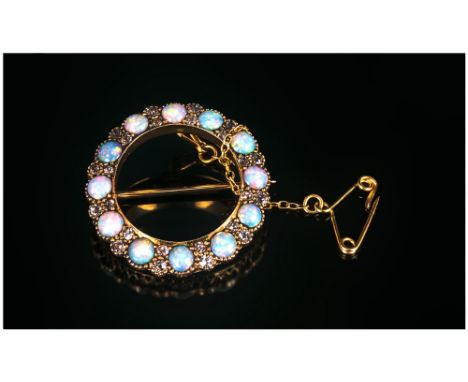 18ct Gold Opal And Diamond Brooch, Circular Brooch Set With 12 Round Opals Between 24 Old Round Cut Diamonds, All Millegrain 